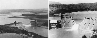The morning after Operation Chastise, the breached Möhne and Sorpe Dams spill their contents into the valley below. (Deutsches Bundesarchiv)